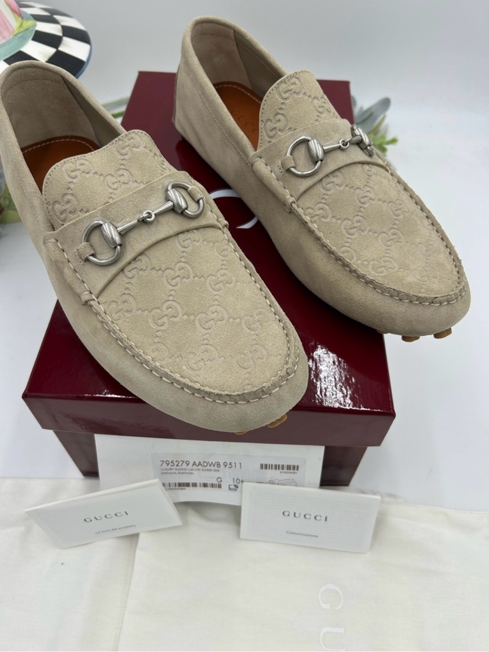 Men’s Gucci suede oatmeal horse bit driver loafers size 10.5 fits 11.5 US